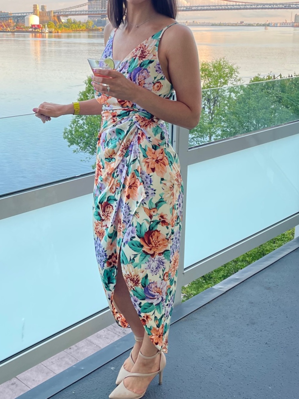 Express Floral Wrap Midi Dress in Cream, Green, Orange, Purple